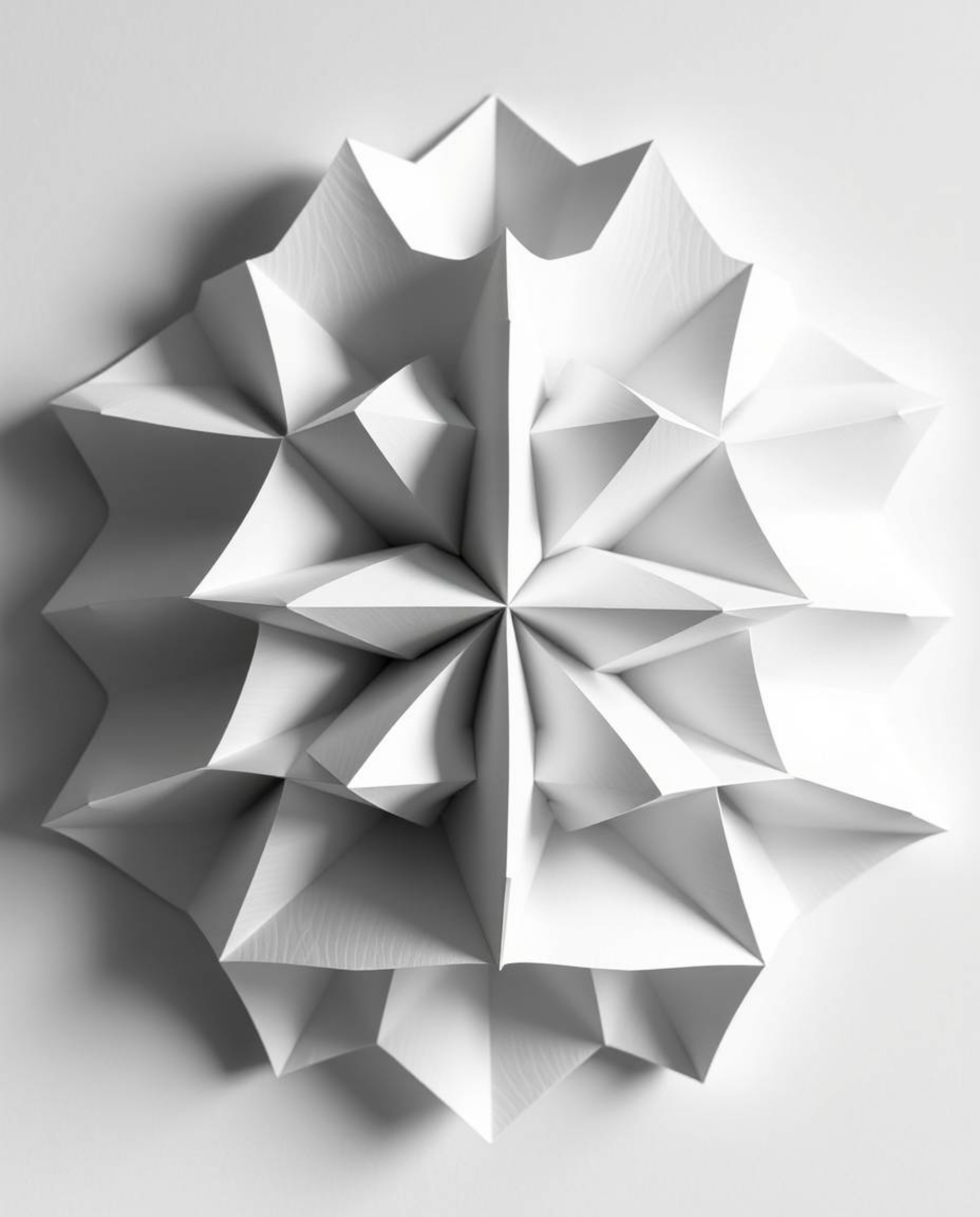 A stunning professional fine art photograph showcasing a 3D geometric pattern reminiscent of folded paper, presented in monoc