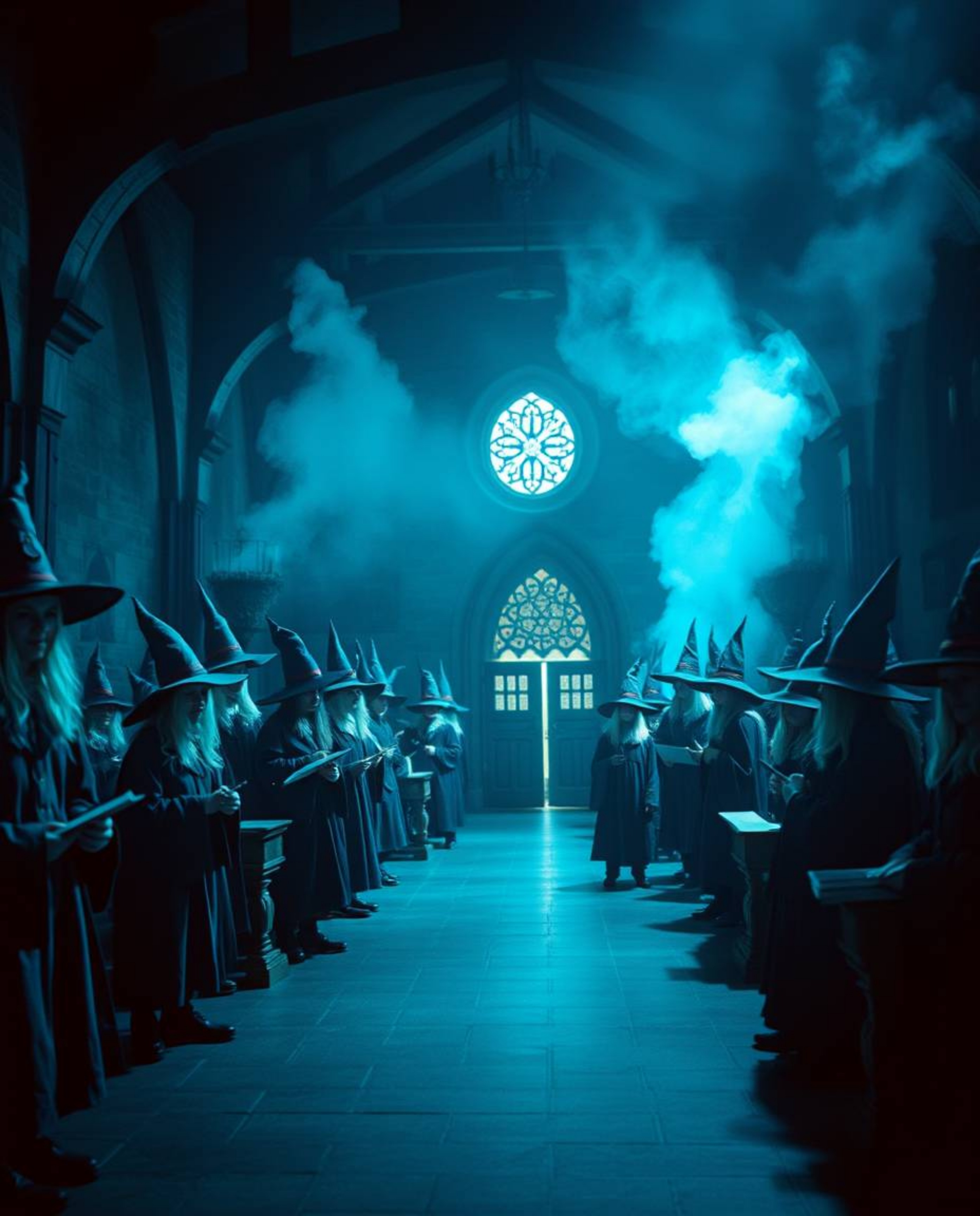 Explore a magical school teeming with young wizards, captured in a stunning cinematic composition. Cool blues, greens, and pu