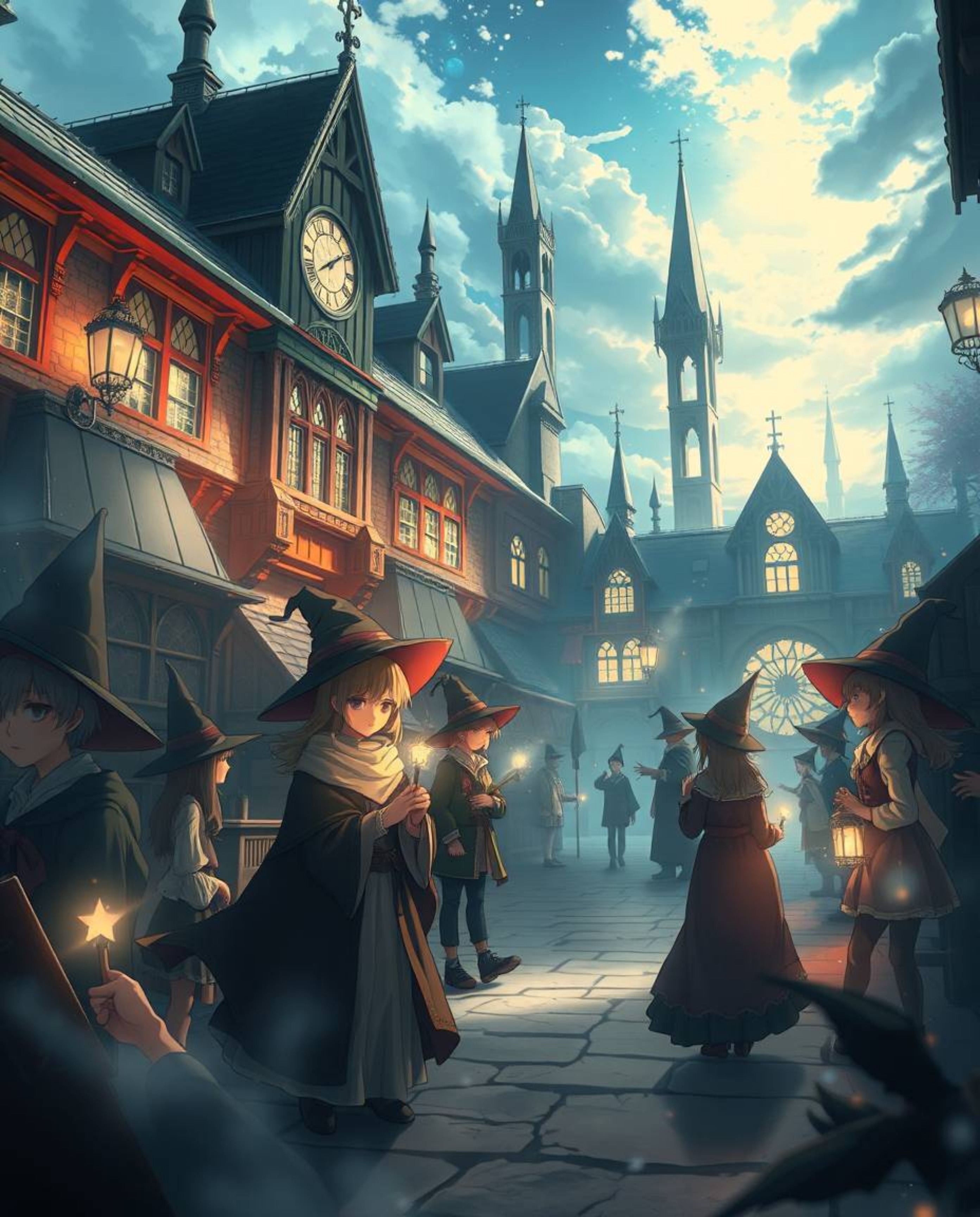 An isekai anime-inspired depiction of a magical school teeming with young wizards, rendered with dramatic cinematic lighting,