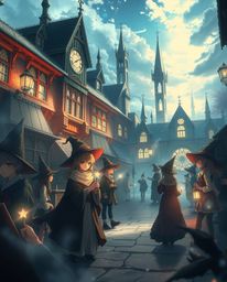 An isekai anime-inspired depiction of a magical school teeming with young wizards, rendered with dramatic cinematic lighting,