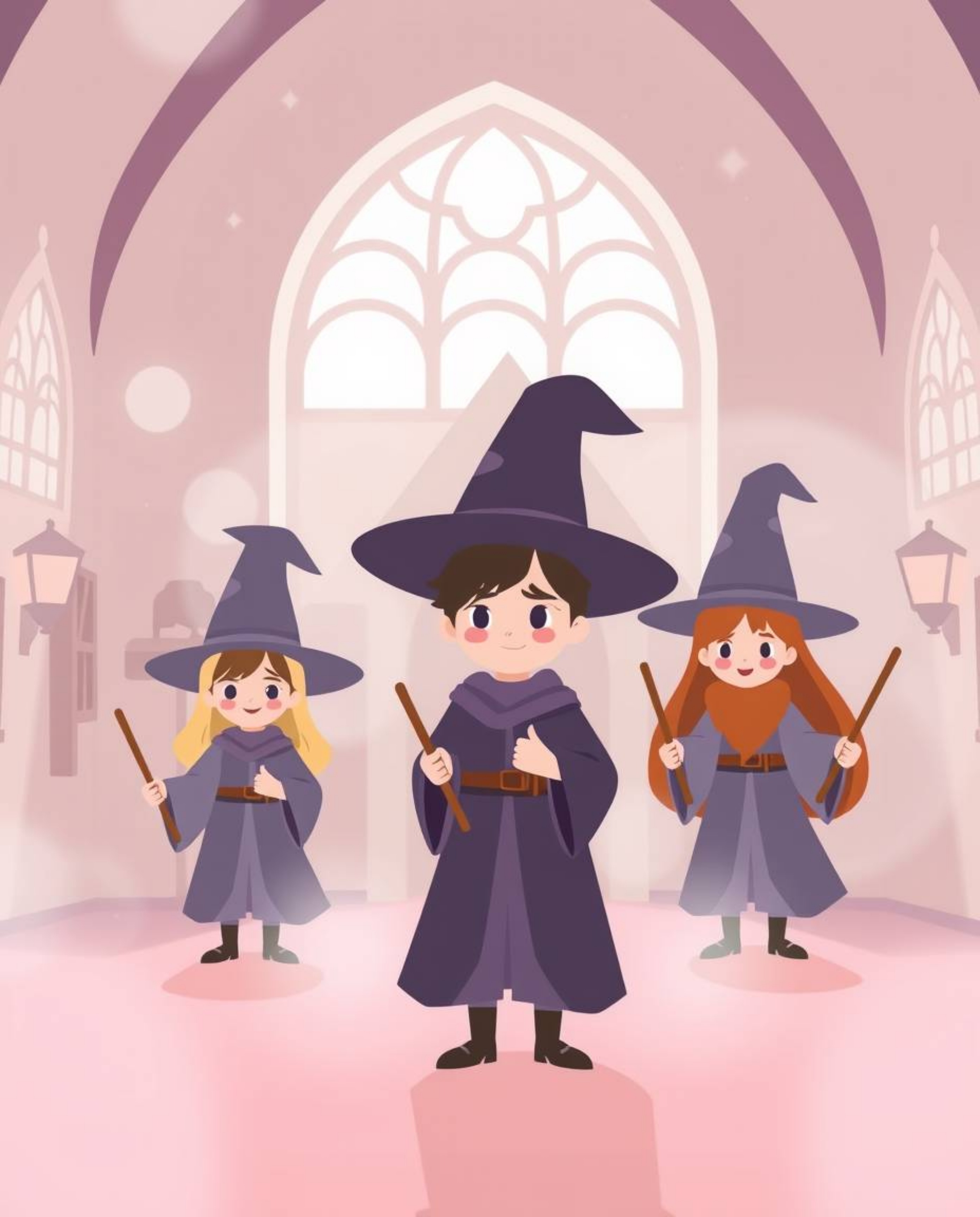 Immerse yourself in a soft, dreamy atmosphere within a modern flat design depiction of a magical school filled with young wiz