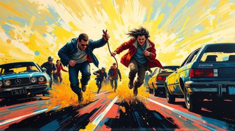 A captivating acrylic painting depicting a dynamic chase scene with exaggerated squash and stretch effects, rendered in high 