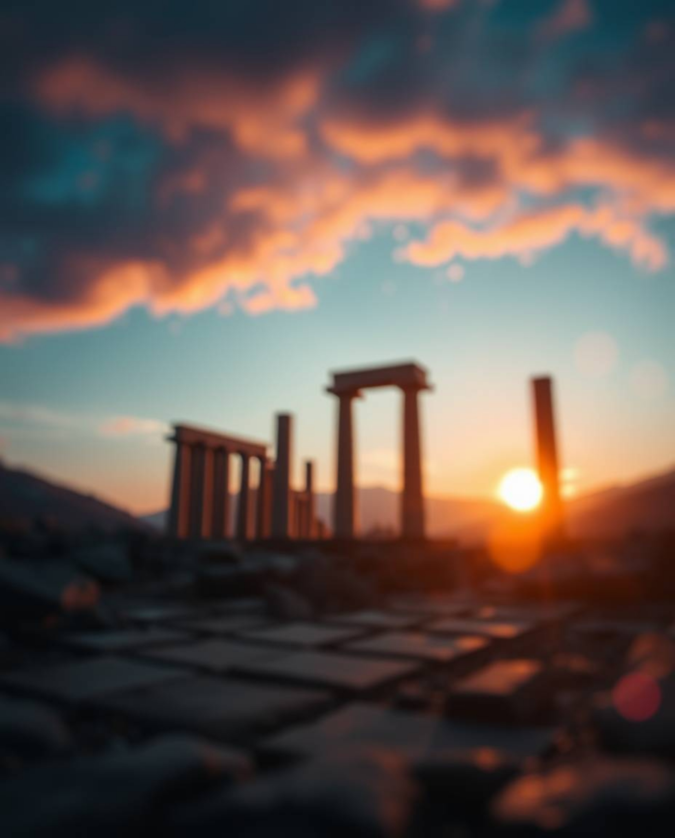 A dynamic digital sketch depicting ancient stone ruins at sunset in surreal infrared tones. The artwork features loose, paint
