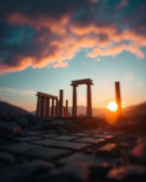 A dynamic digital sketch depicting ancient stone ruins at sunset in surreal infrared tones. The artwork features loose, paint