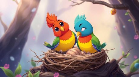 Witness two vibrantly colored cartoon birds constructing a nest in a mystical, ethereal setting. Rendered in a classic anima