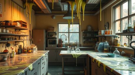 Immerse yourself in a slime-covered science lab bathed in the soft, warm hues of autumn, creating a uniquely cozy and earthy 