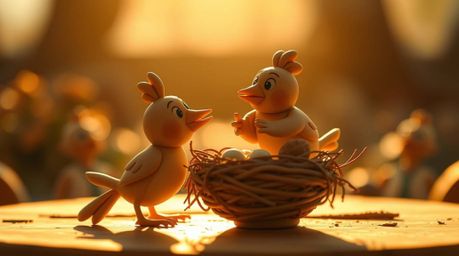 A captivating clay animation depicts two charming cartoon birds diligently constructing their nest. Rendered in a classic an