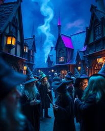 Immerse yourself in a captivating close-up of a magical school teeming with young wizards.  The vibrant color palette, featur