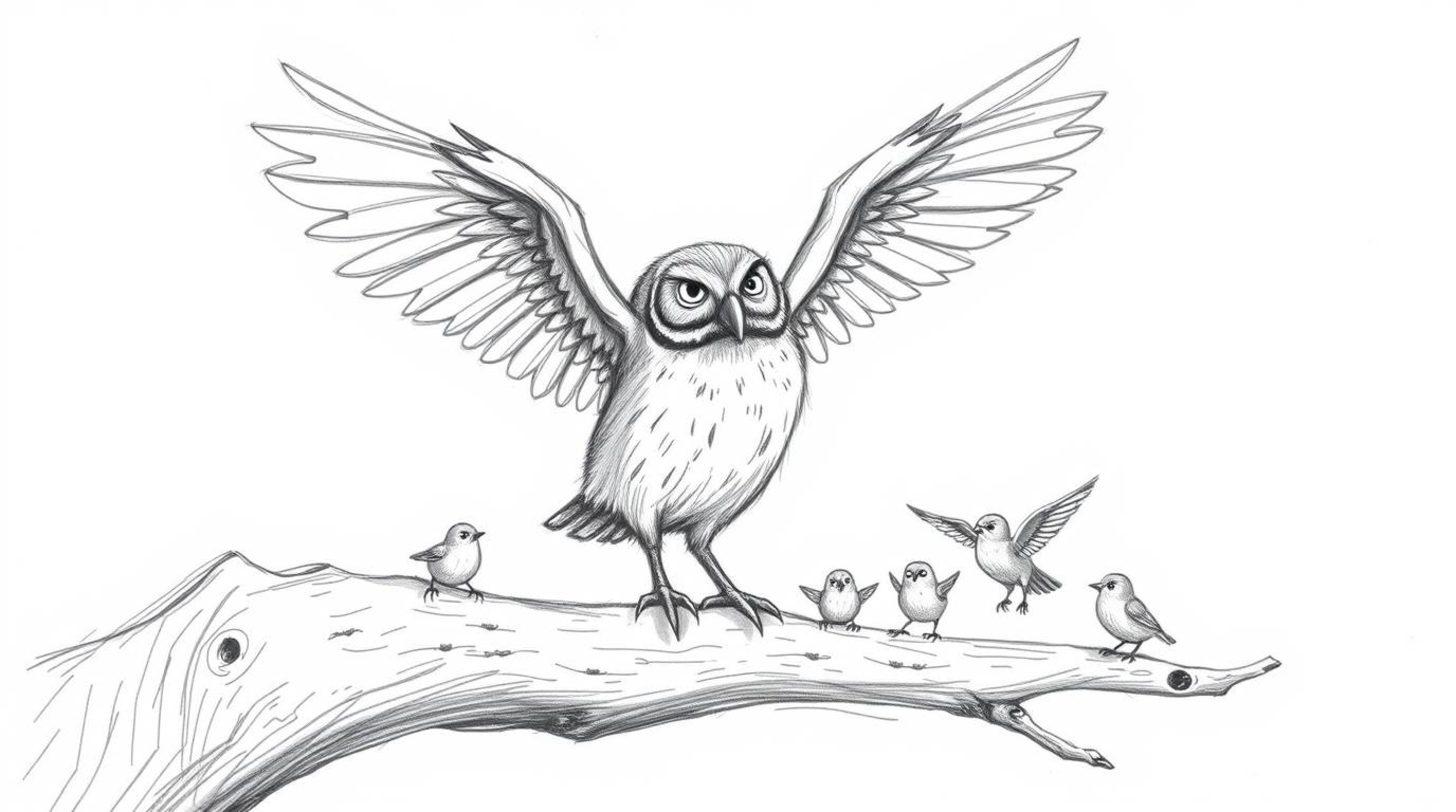 A hand-drawn, textured pencil sketch depicts a blind owl in a Pixar style, perched on a hollow branch where its wings rhythmi