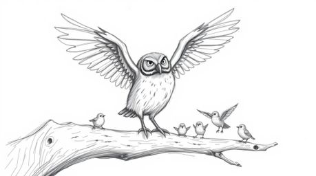 A hand-drawn, textured pencil sketch depicts a blind owl in a Pixar style, perched on a hollow branch where its wings rhythmi