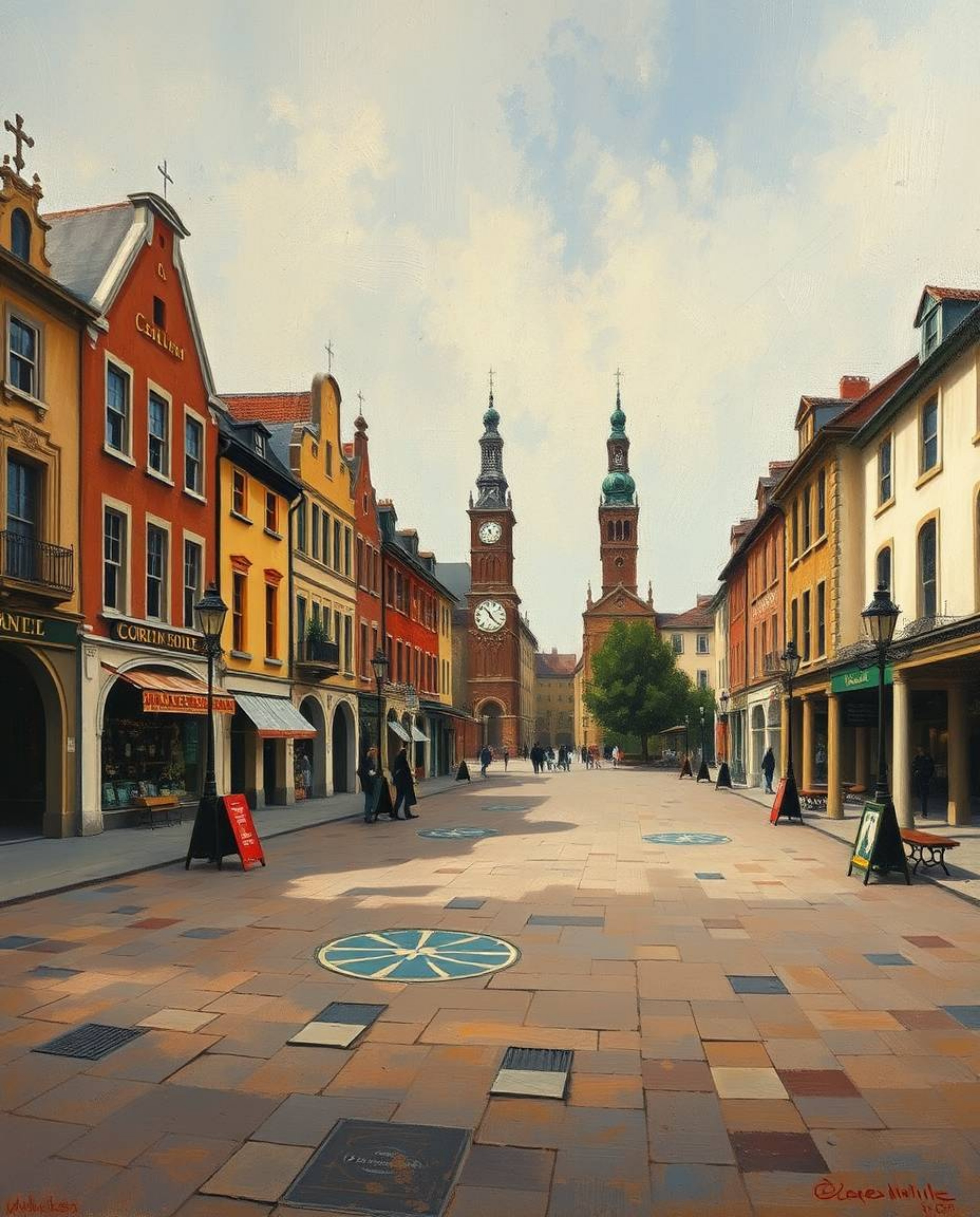 A captivating oil painting depicts an empty town square, filled with the rhythmic tick of unseen clocks.  The classic style i