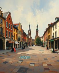 A captivating oil painting depicts an empty town square, filled with the rhythmic tick of unseen clocks.  The classic style i