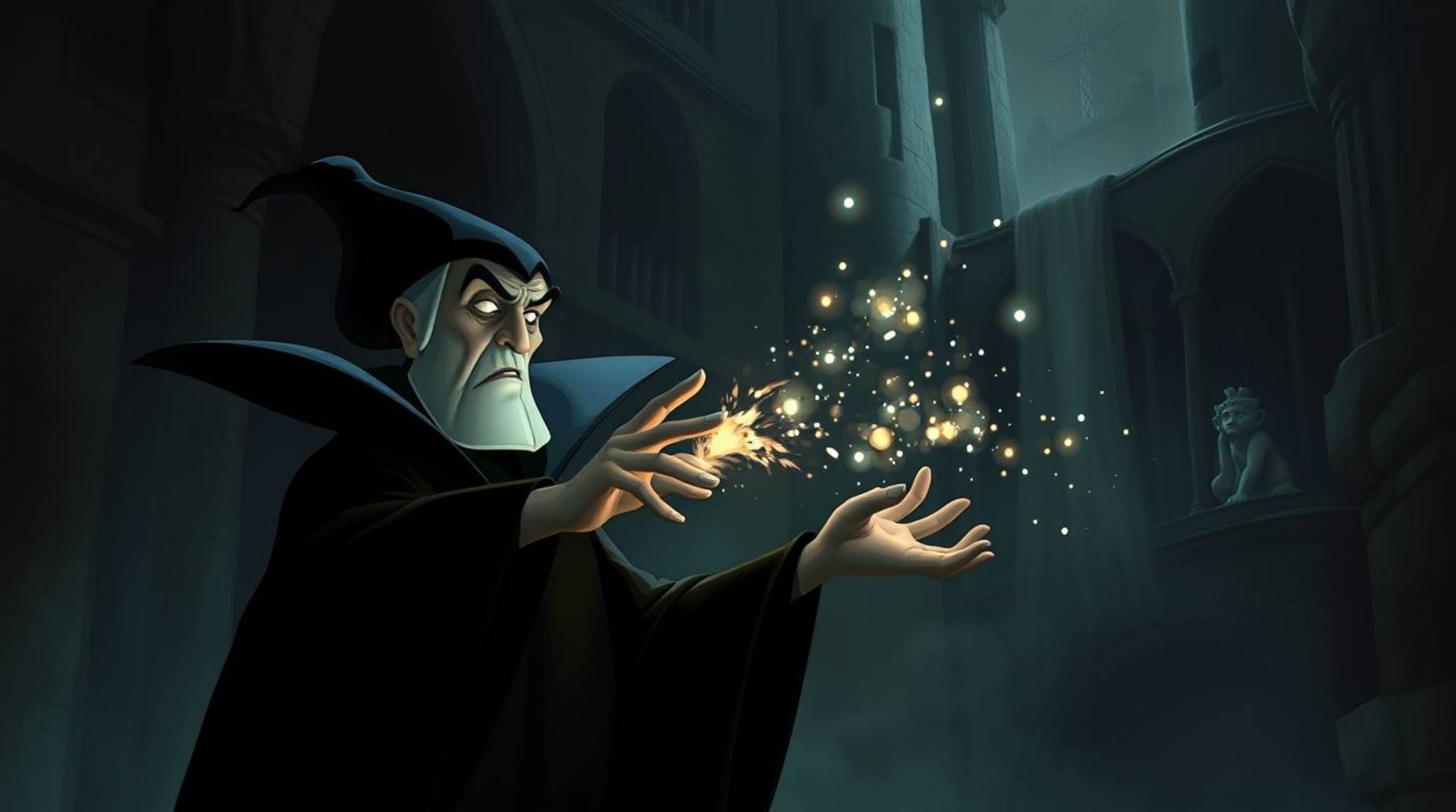 A moody, low-contrast digital painting portrays a classic Disney villain with sharp facial features and dark clothing, deeply
