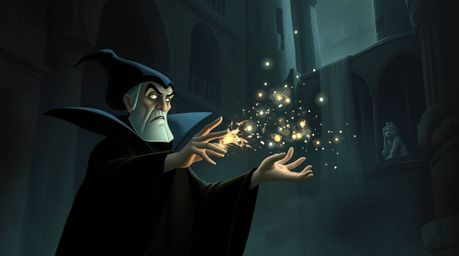 A moody, low-contrast digital painting portrays a classic Disney villain with sharp facial features and dark clothing, deeply