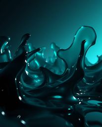 This hyperrealistic 3D rendering showcases rich deep teal fluid shapes, silhouetted like melted glass, set within a captivati