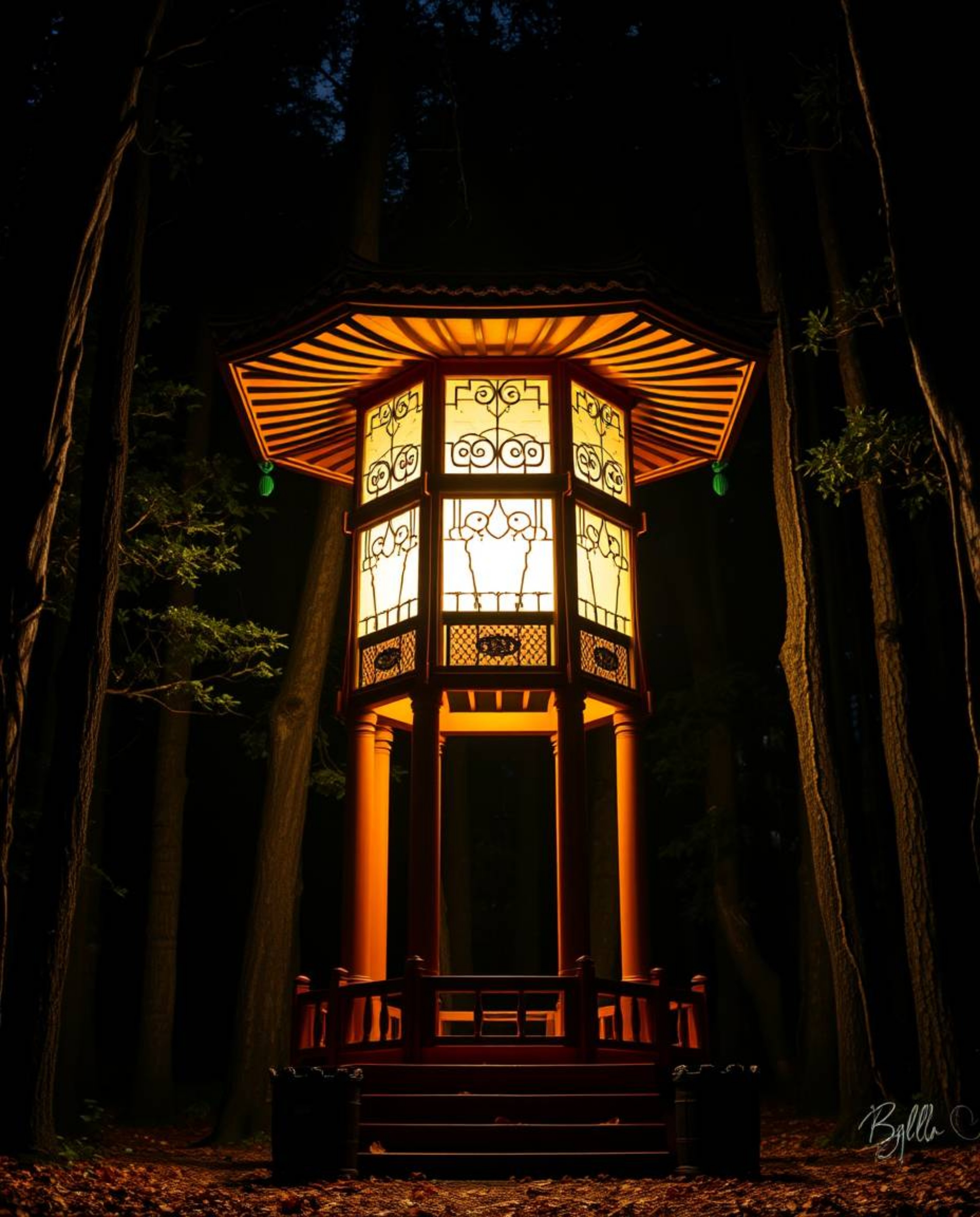 Discover breathtaking architectural color photography featuring a glowing lantern in a dark forest.  The images showcase grac