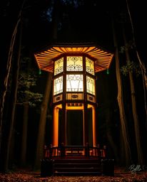Discover breathtaking architectural color photography featuring a glowing lantern in a dark forest.  The images showcase grac