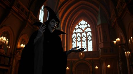 A captivating image showcasing a classic Disney villain casting a spell within the grandeur of an old castle.  The photograph