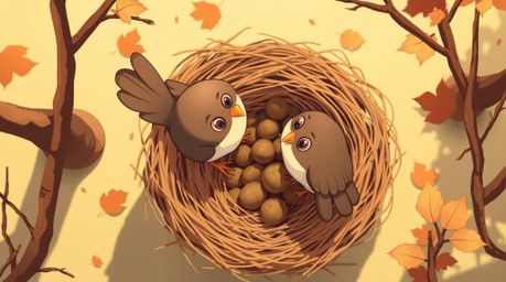 A charming overhead view showcases two cartoon birds diligently constructing a nest, rendered in a classic animation style wi