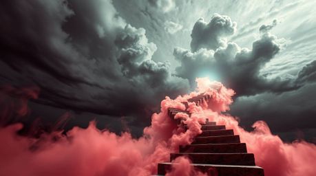 A captivating digital artwork depicts a winding stairway crafted from smoke and light, ascending into a vast, cloudy sky.  Th
