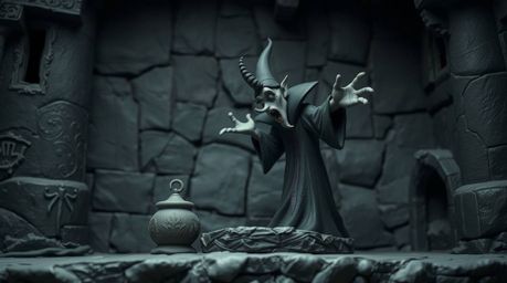 A captivating clay sculpture depicts a classic Disney villain casting a spell within the weathered walls of an old castle.  T