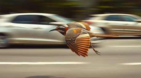 This artwork features a fast-running bird speeding past traffic, rendered in the style of a classic oil painting. The distinc