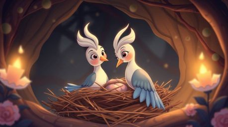 Two graceful cartoon birds, with refined features, meticulously construct a nest in a classic animation style. The scene is s