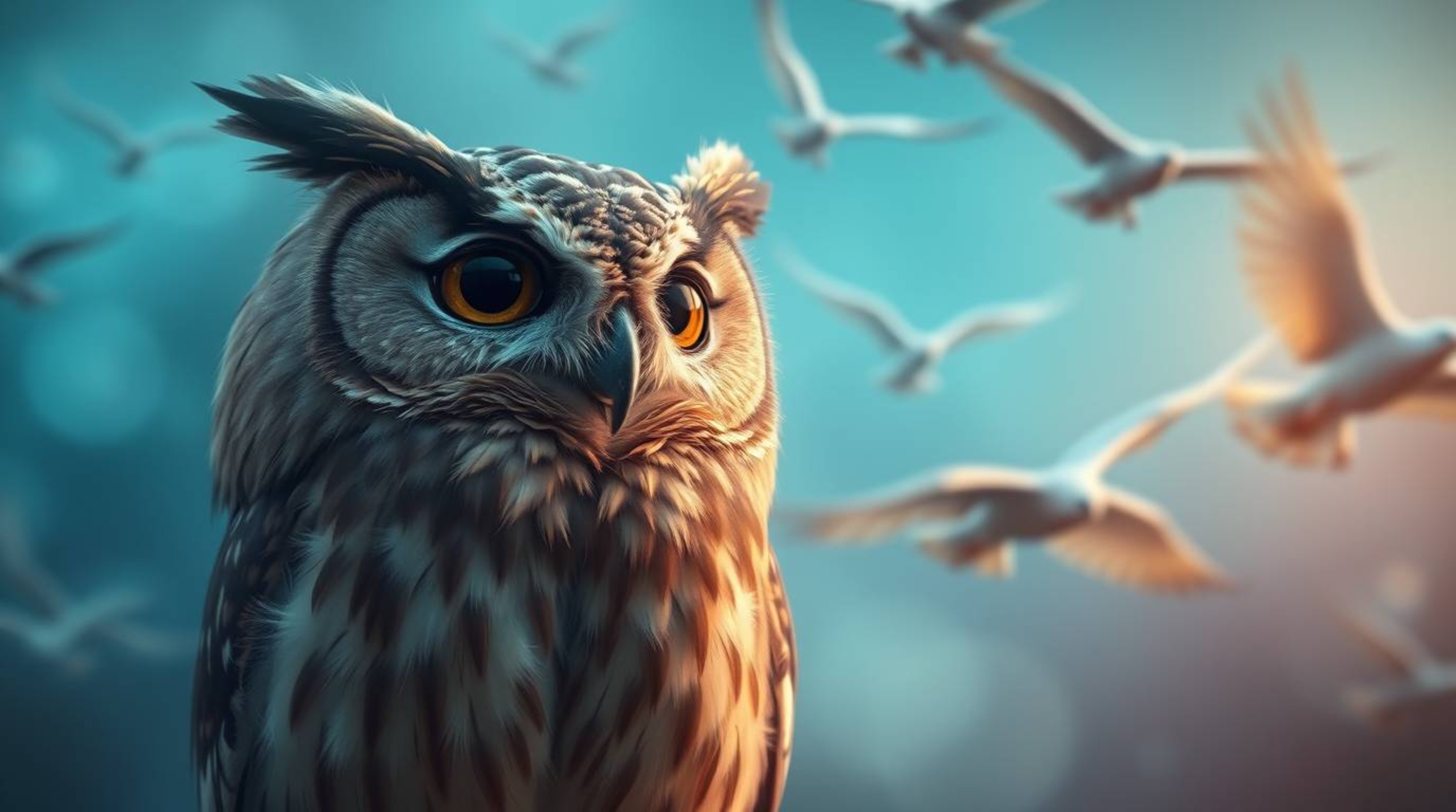 A photograph capturing a blind, wise owl in a Pixar-esque style, complete with soft, brown feathers, as it oversees birds in