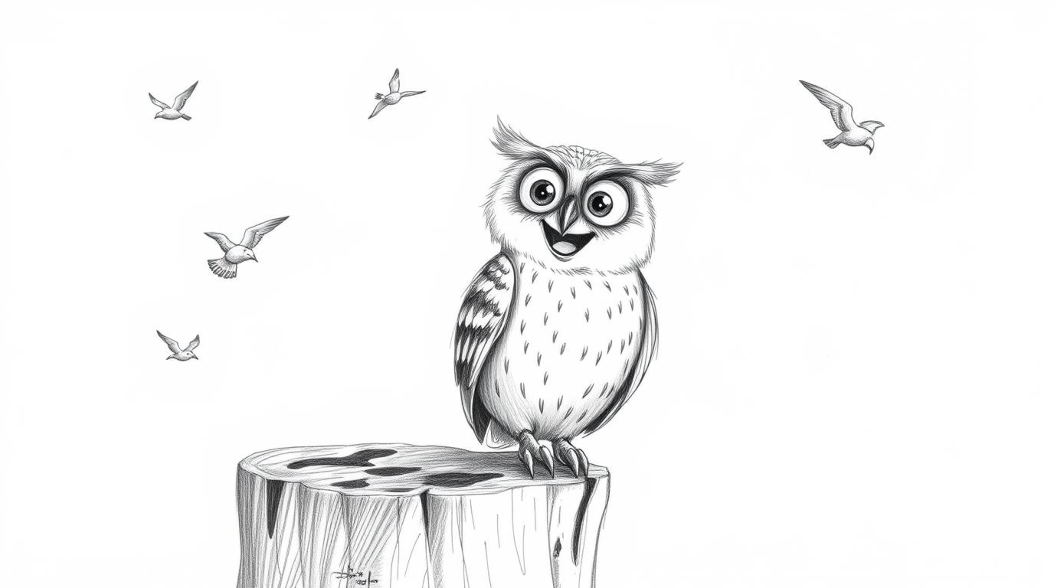 A charming depiction of a blind owl, rendered in a textured pencil style echoing Pixar's aesthetic. Perched atop a weathered 