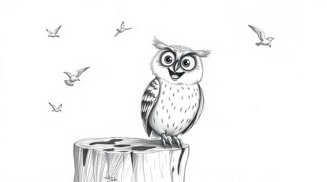 A charming depiction of a blind owl, rendered in a textured pencil style echoing Pixar's aesthetic. Perched atop a weathered 