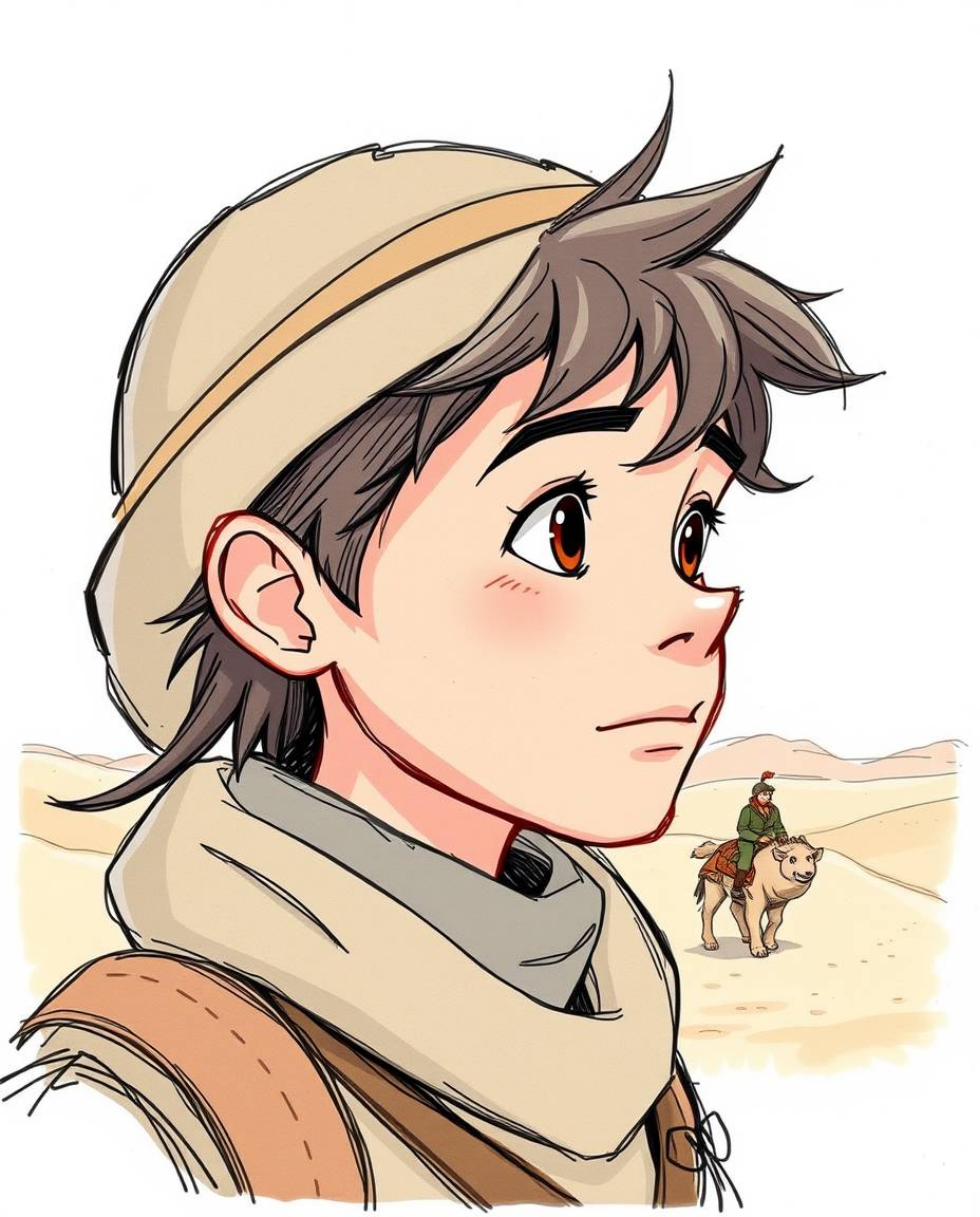 A charming hand-drawn sketchnote illustration showcasing a brave Disney-style hero embarking on a desert adventure, rendered