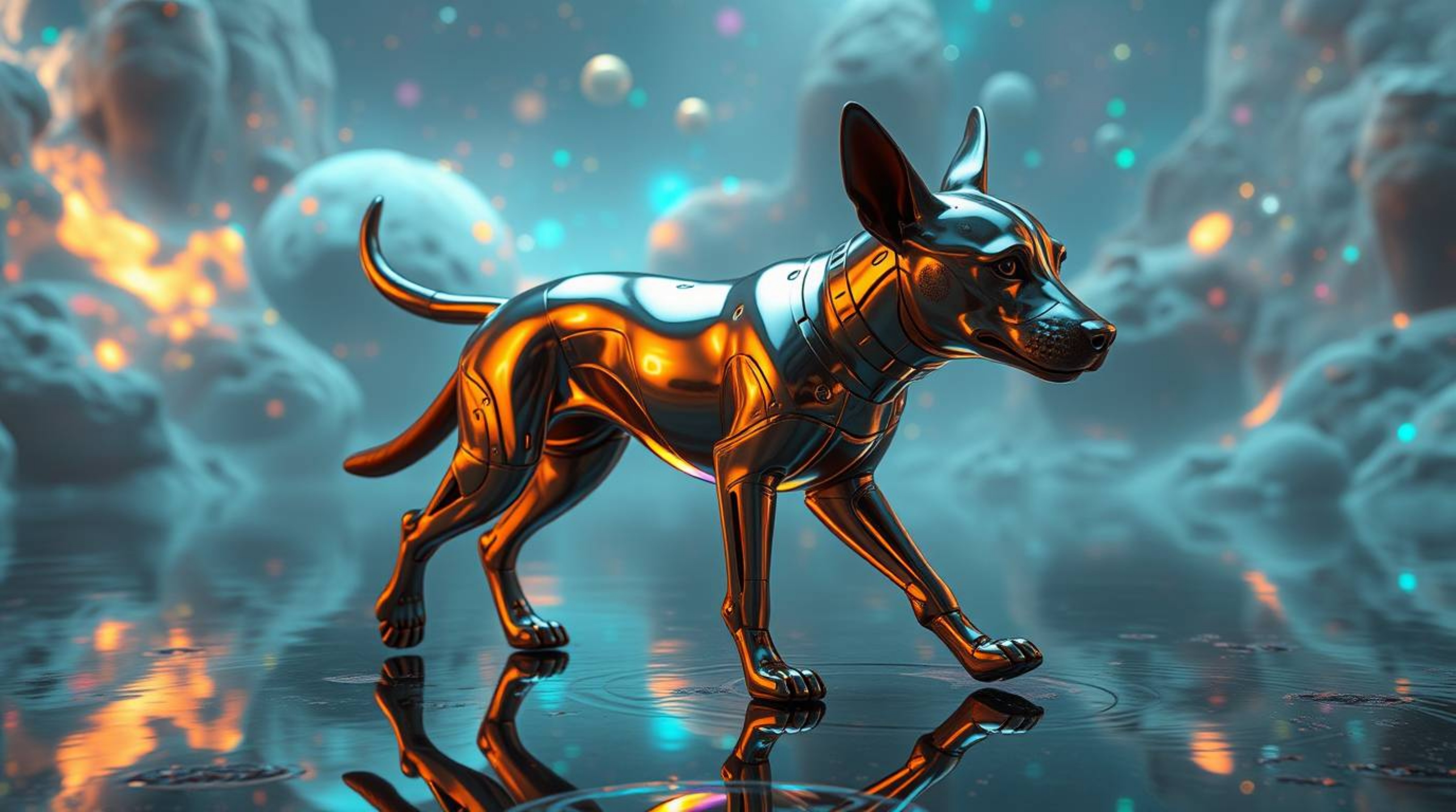 A surreal and dreamlike image depicts a futuristic dog walking itself through the vast expanse of space.  The scene is filled