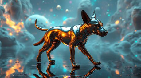 A surreal and dreamlike image depicts a futuristic dog walking itself through the vast expanse of space.  The scene is filled