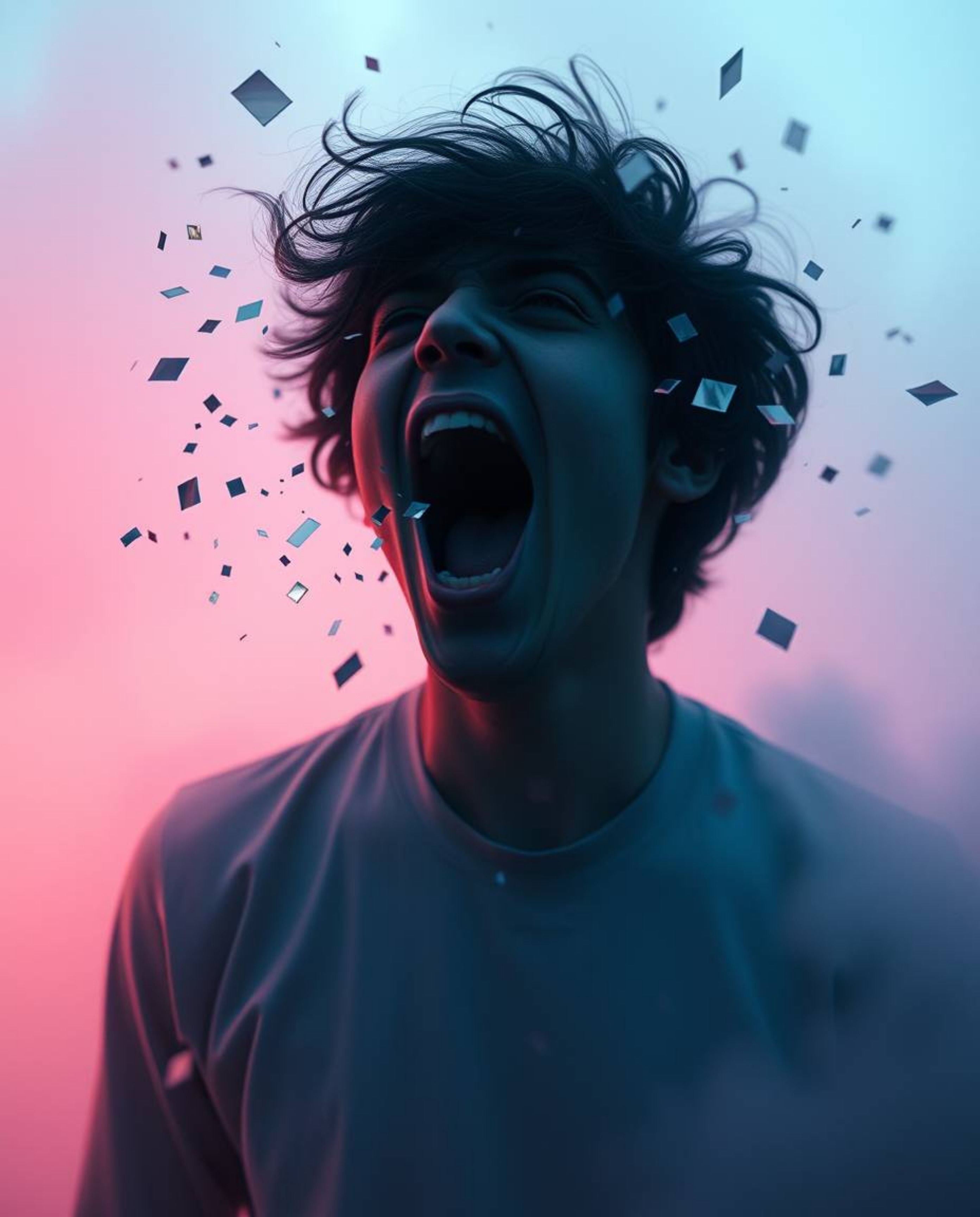 A surreal and visually striking image depicts a person screaming as their world dramatically dissolves into soft pastel-color