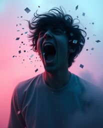 A surreal and visually striking image depicts a person screaming as their world dramatically dissolves into soft pastel-color