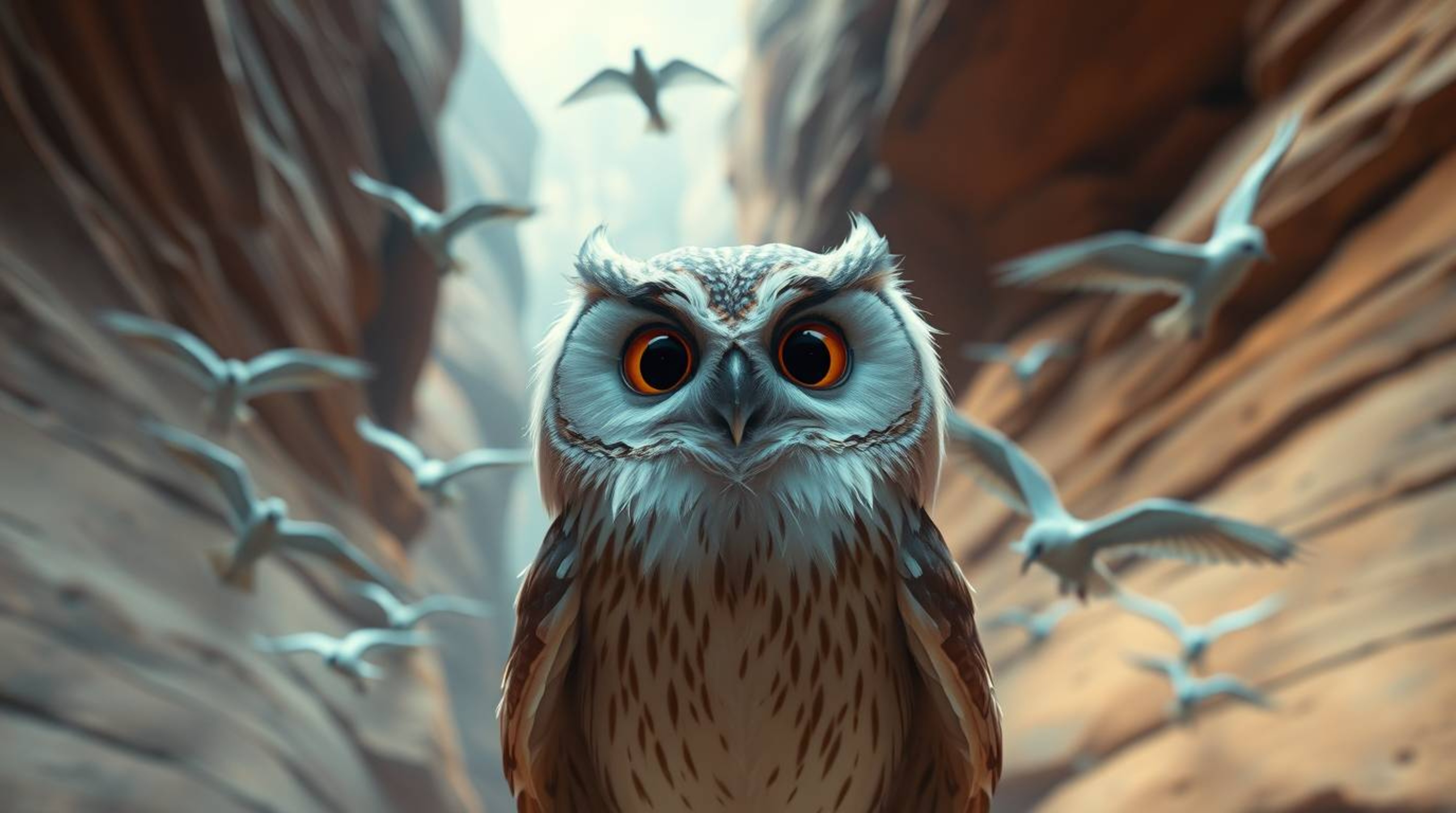 A heartwarming photographic image depicting a blind owl, rendered in a captivating Pixar style with soft, expressive features