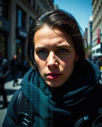Capture the spontaneous energy of candid street photography. This image features a striking digital glitch effect transformin