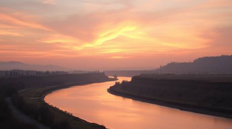 A captivating image of a winding river bathed in the warm glow of a dramatic orange-pink sunset.  Soft pastel colors and gent