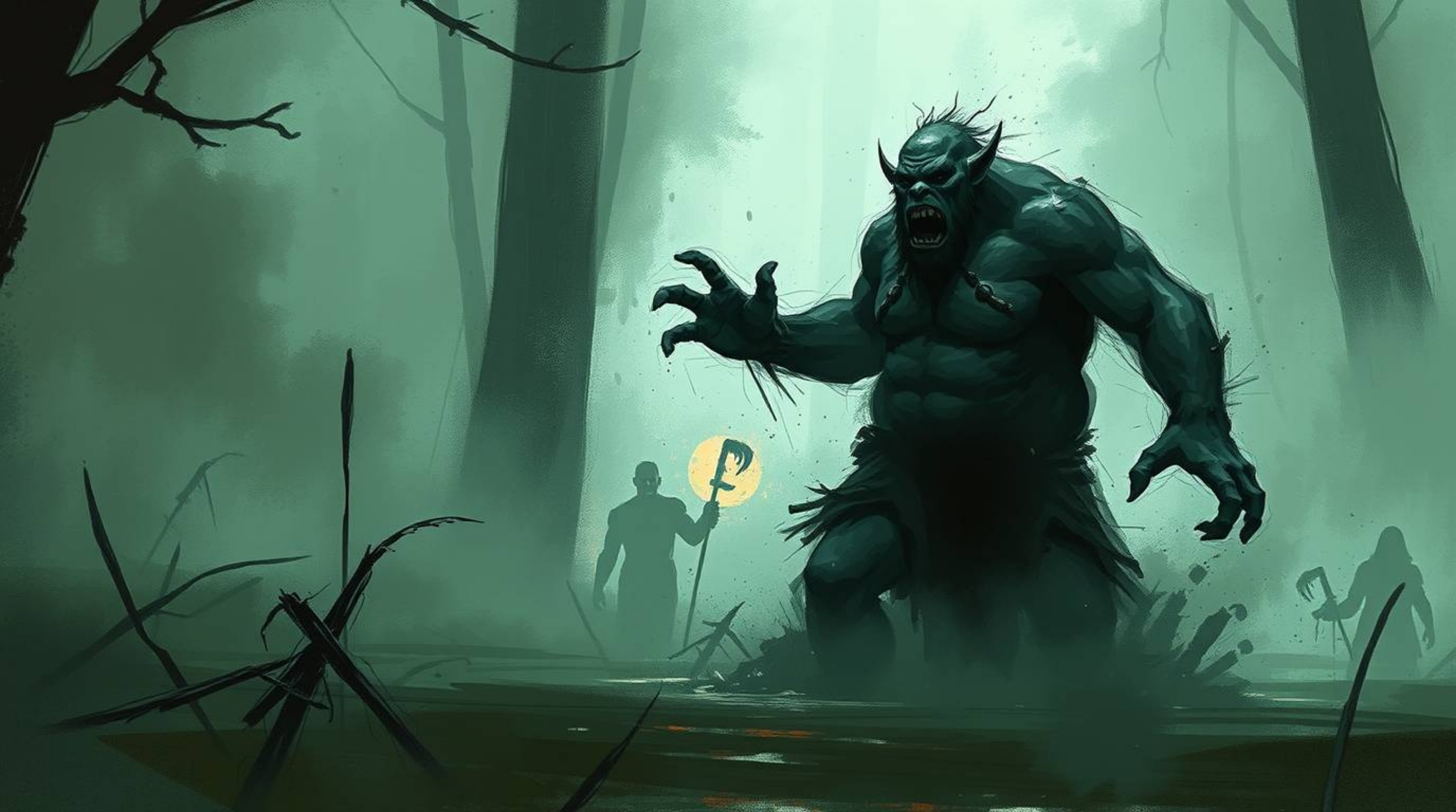 A captivating digital painting depicts an ogre joyfully dancing in a misty swamp.  The artwork features complementary epic co
