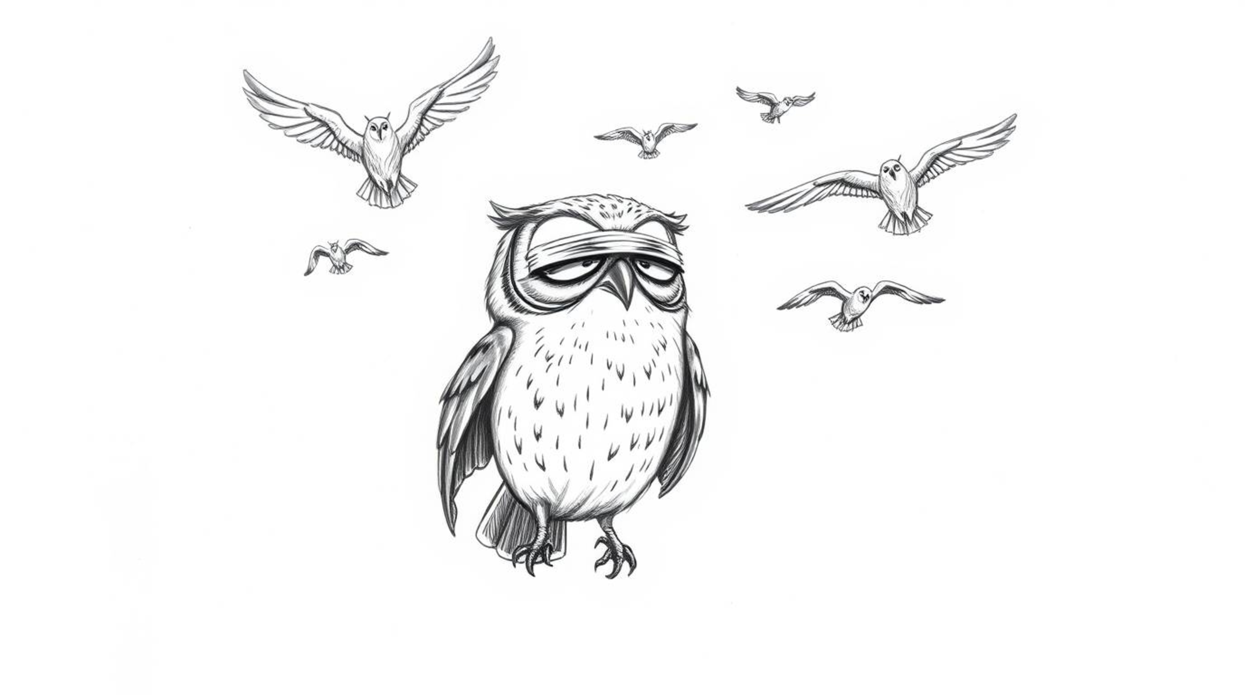 A captivating Pixar-style hand-drawn sketch depicts a blind owl, its expressive wrinkles hinting at wisdom, leading a flock o