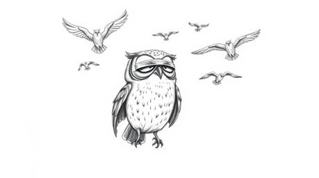 A captivating Pixar-style hand-drawn sketch depicts a blind owl, its expressive wrinkles hinting at wisdom, leading a flock o