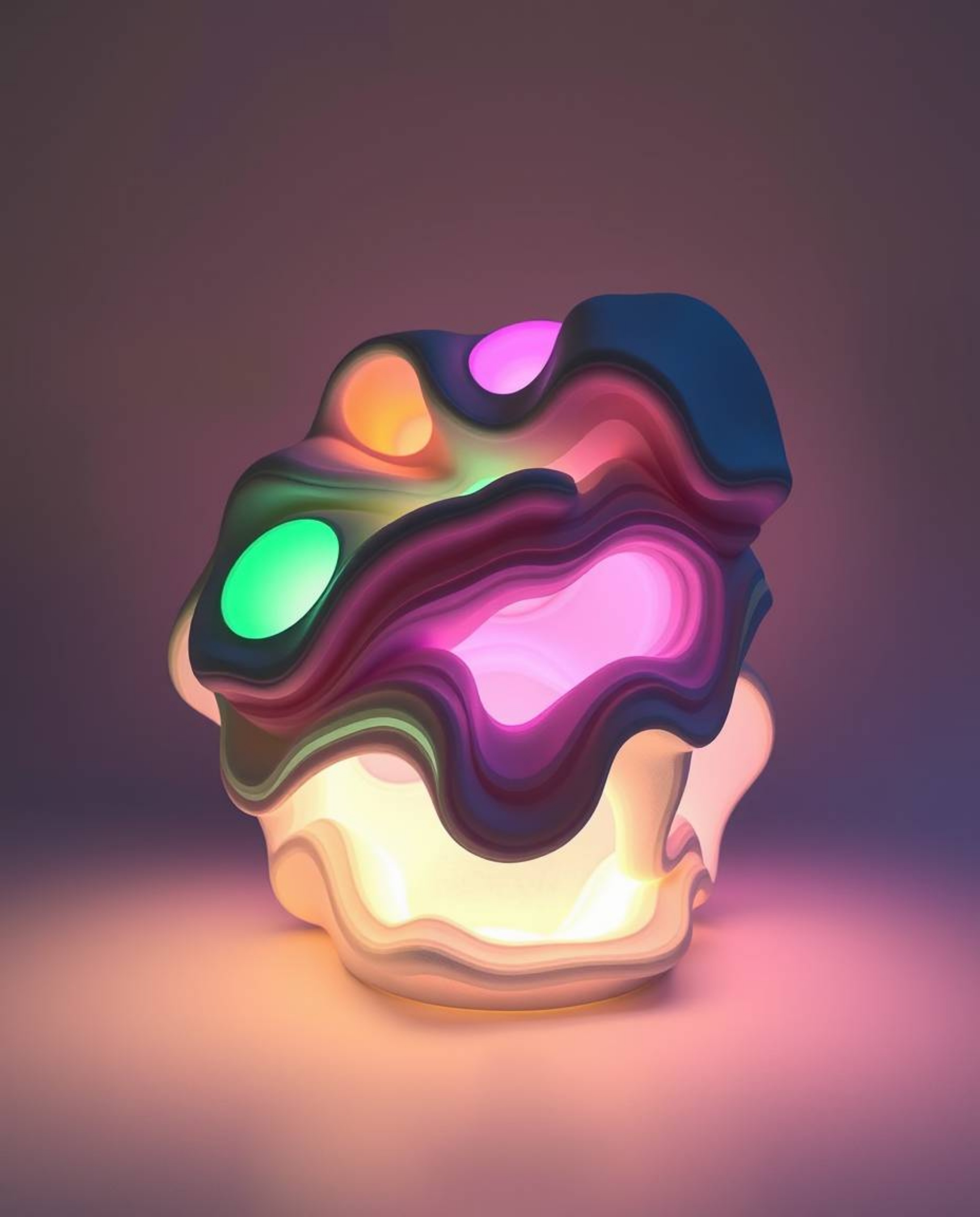 Discover stunning 3D abstract liquid forms sculpted from papier-mâché, glowing with bioluminescent pastel colors.  These capt