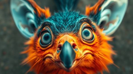 A captivating overhead shot showcases a sarcastic animal sidekick, bursting with vibrant electric colors.  Its expressive eye