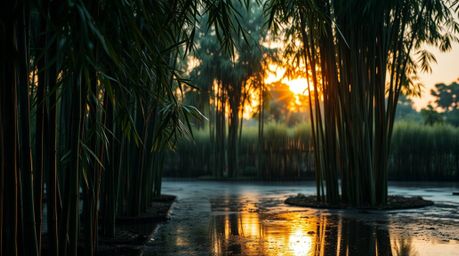 A captivating scene of a bamboo forest at sunset, where a gentle drizzle creates mesmerizing reflections on the leaves and gr