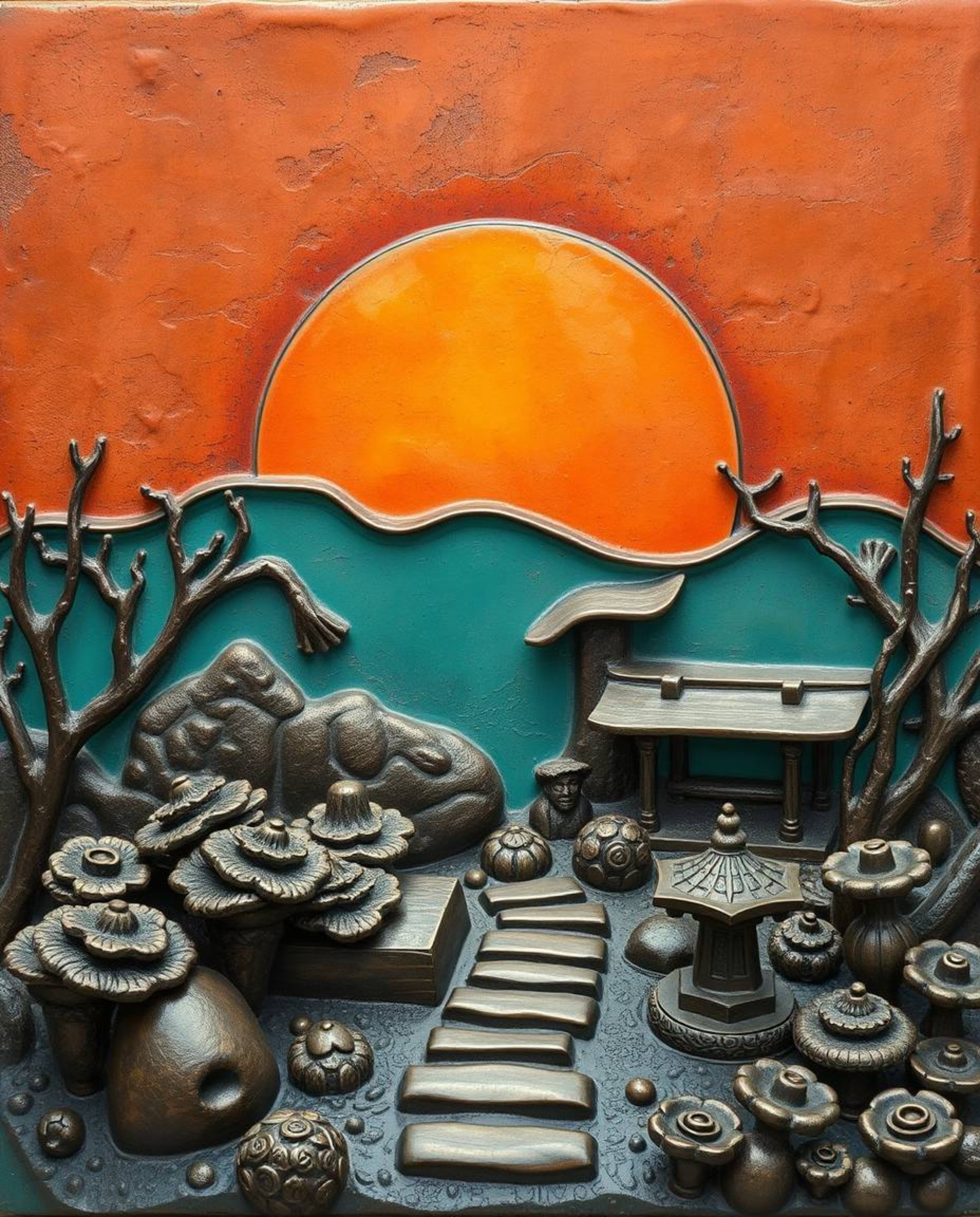 Discover a serene Zen garden at sunset, uniquely immortalized as a cast bronze sculpture. This realistic piece is defined by 