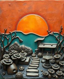 Discover a serene Zen garden at sunset, uniquely immortalized as a cast bronze sculpture. This realistic piece is defined by 