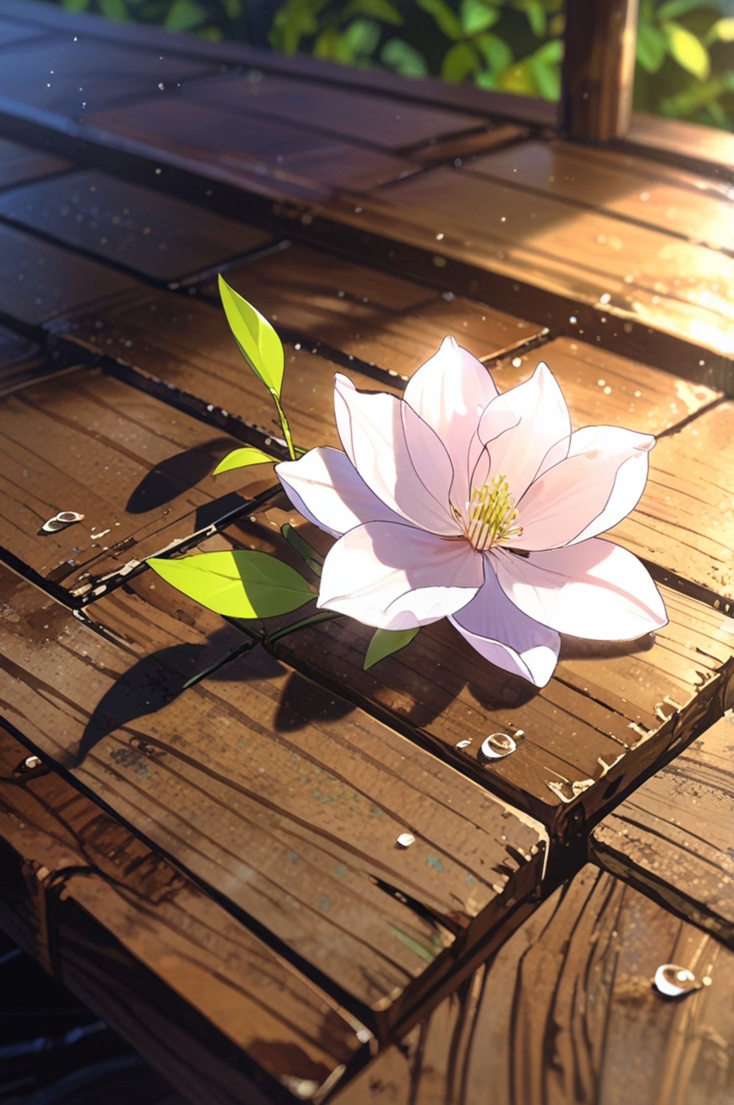 A delicate single magnolia flower rests gracefully on a weathered wooden table, its petals adorned with shimmering morning de