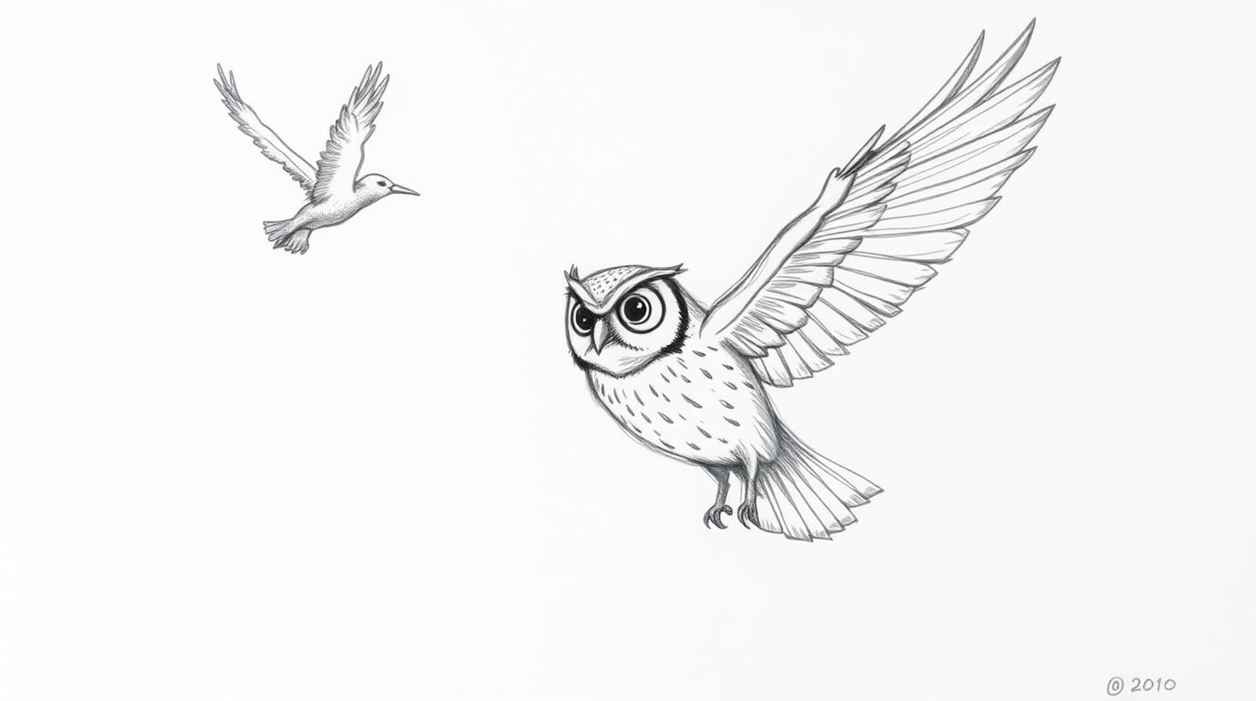A charming hand-drawn sketch depicts a blind owl, reminiscent of Pixar animation, instructing birds on how to fly.  Dynamic f