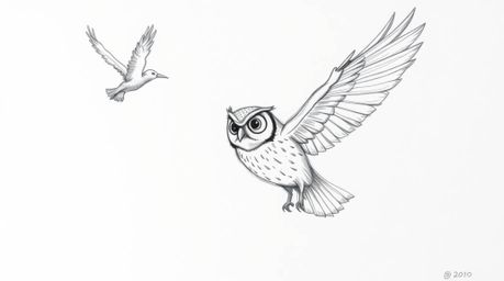 A charming hand-drawn sketch depicts a blind owl, reminiscent of Pixar animation, instructing birds on how to fly.  Dynamic f