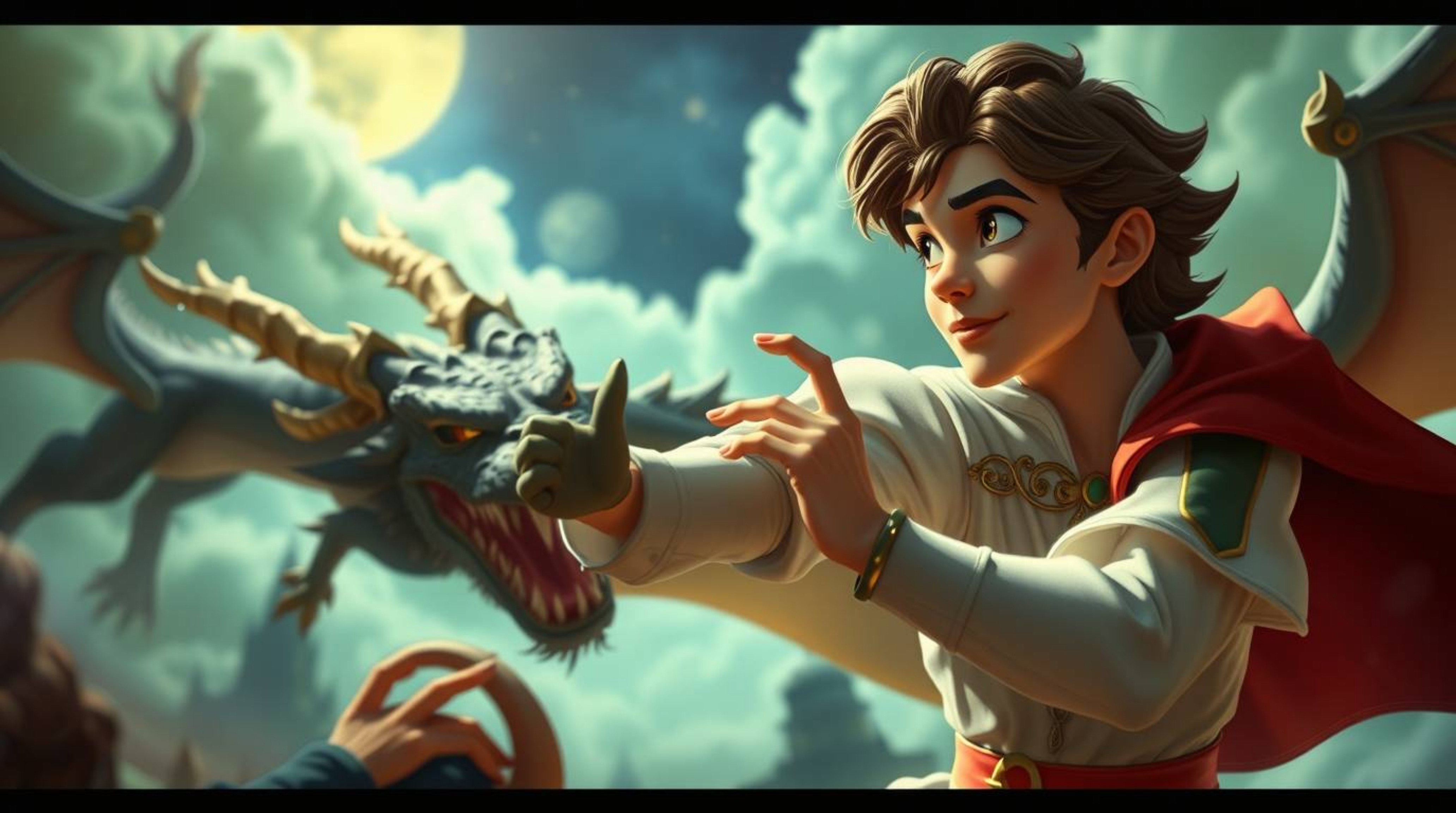 A charming prince, rendered in a captivating 1950s animation style, engages in a fantastical battle against a fearsome dragon